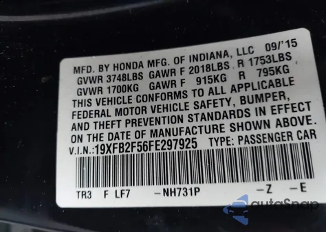 2015 Honda Civic Lx from USA, damaged, VIN 19XFB2F56FE297925